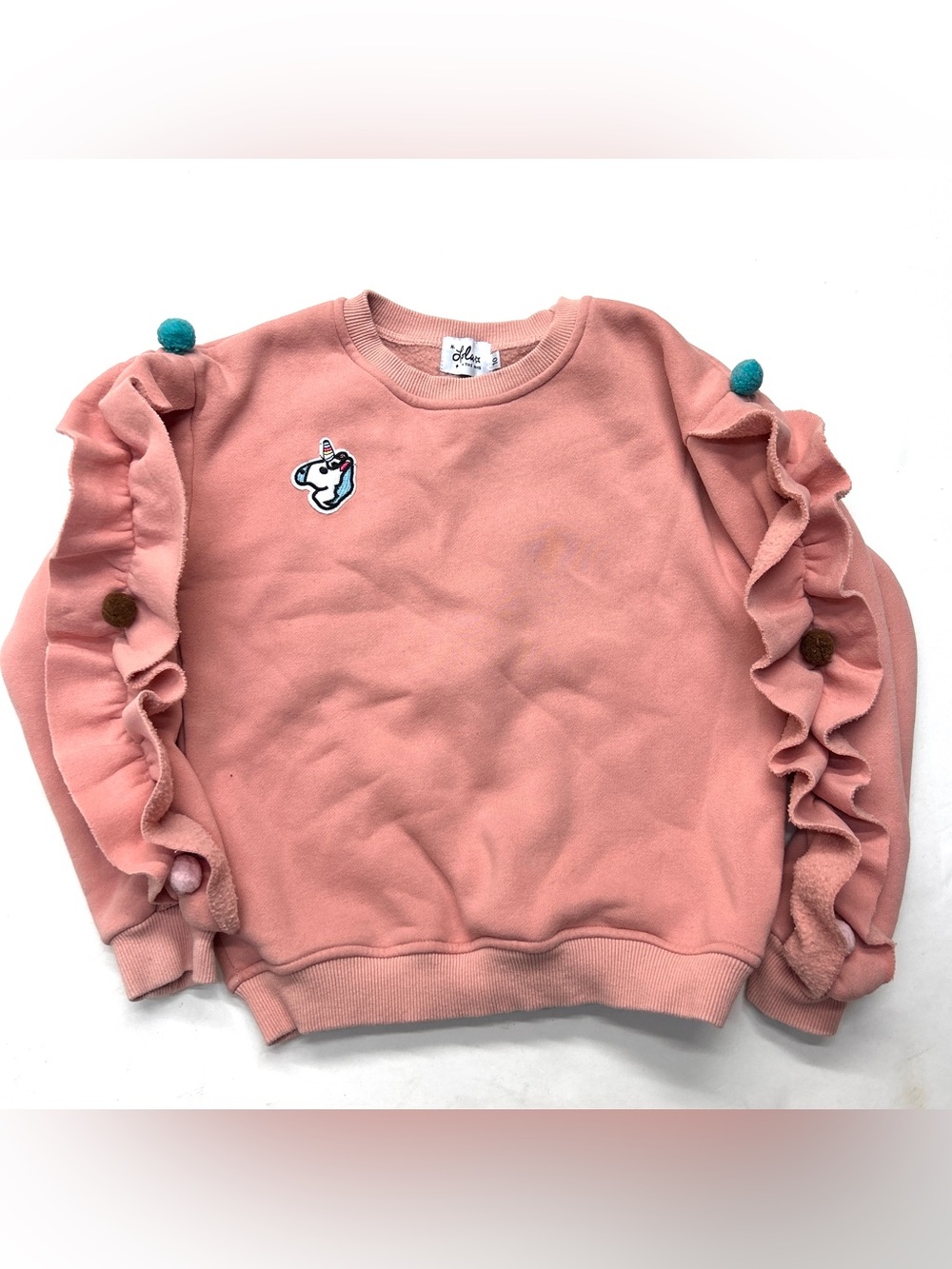 Lola + The Boys Pink Ruffle Sleeve Pom-Pom Unicorn Crewneck Sweater